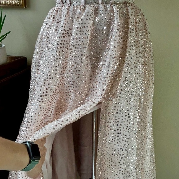 Jules & Cleo Rose Gold Strapless Sequin Corset A-Line Dress Slit Sparkle Glitter - Picture 10 of 13